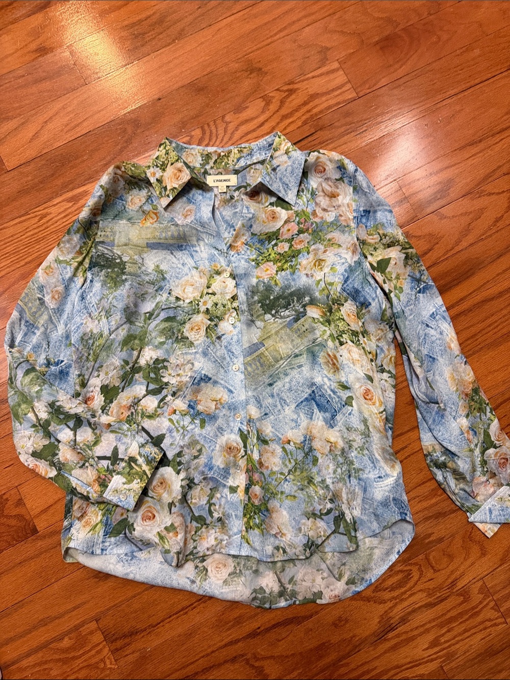L'AGENCE Floral Collared Shirt in Blue, Green & Cream